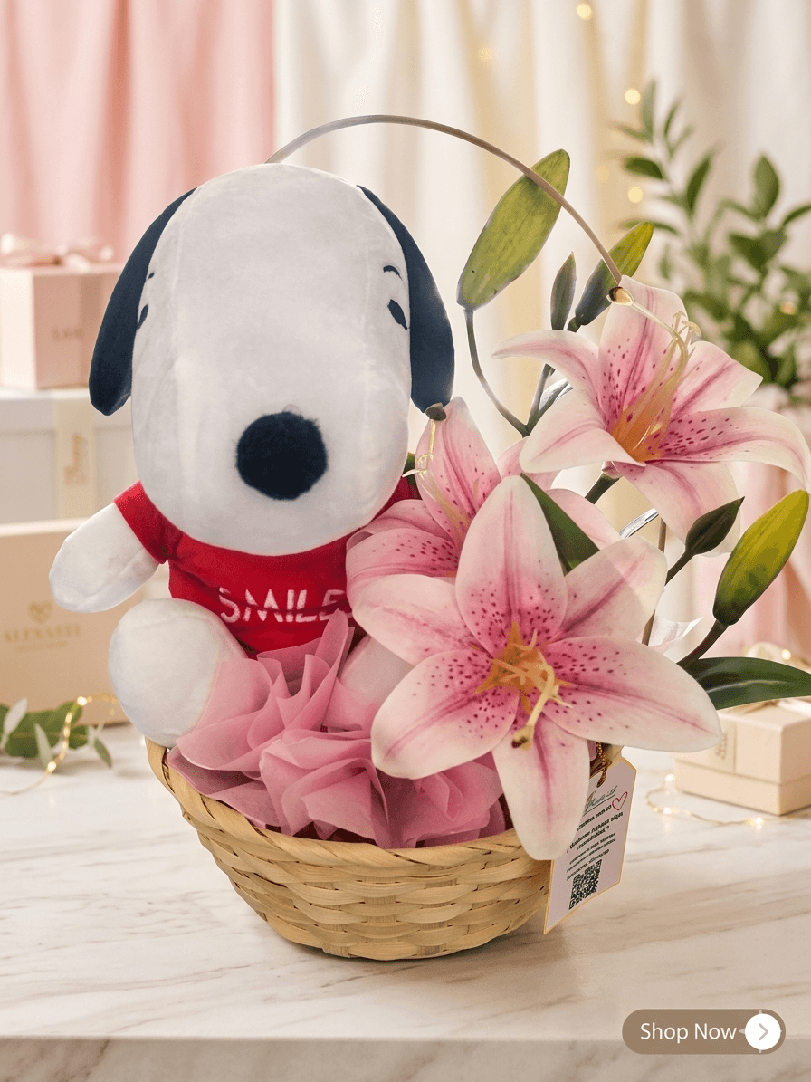 Detalle Snoopy Canasta Y Lirios 