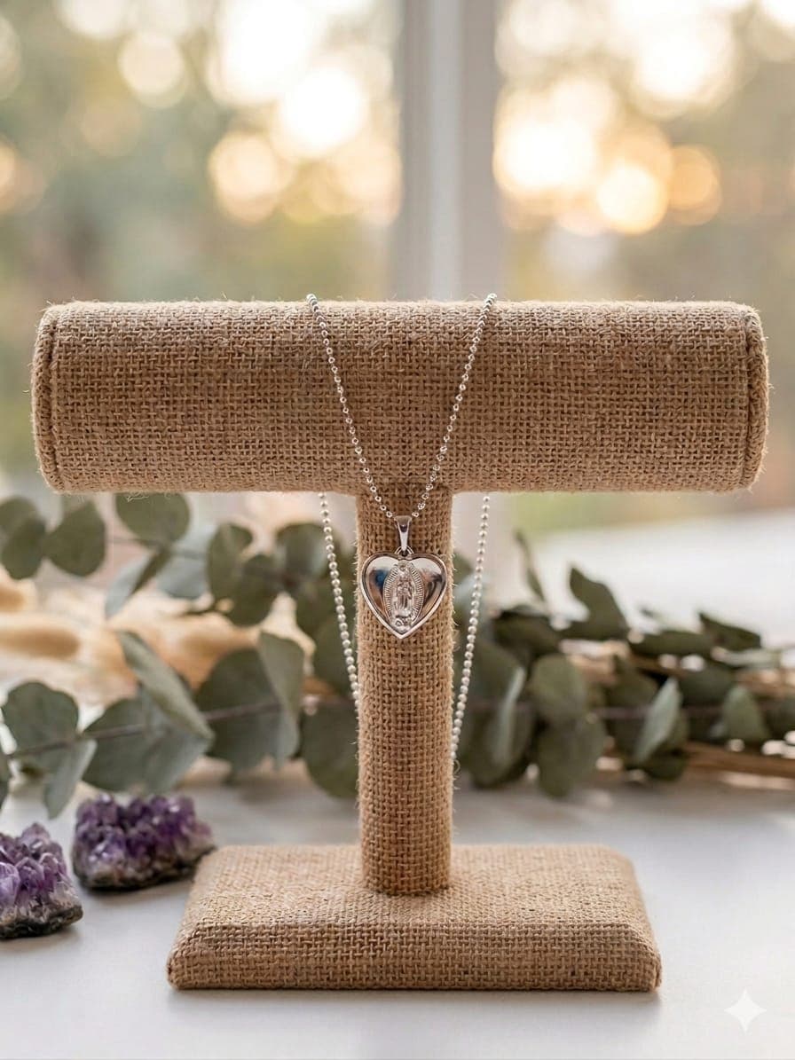 Collar Billas Plateadas Dije Corazon Virgen De Guadalupe